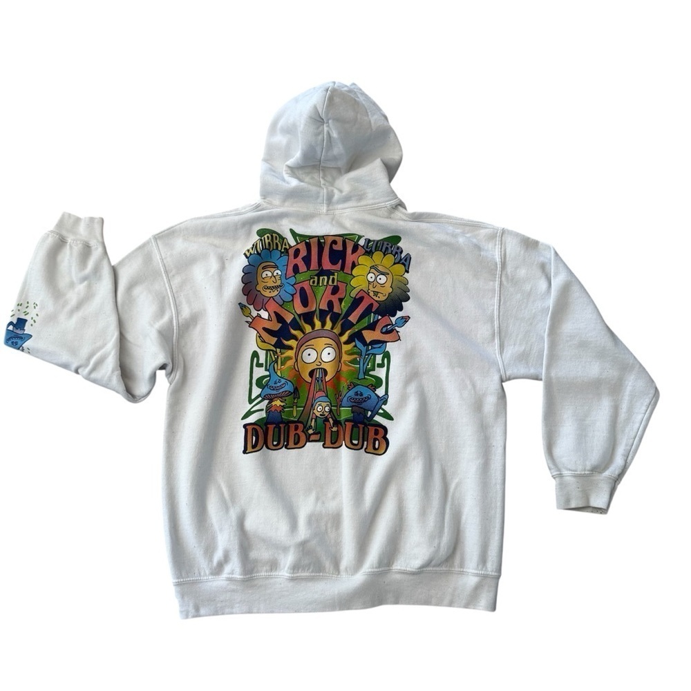 Rick & Morty white long-sleeved hoodie with colorful graphic front pocket, XL.